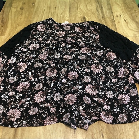 Knox Rose Pink Black Bohemian Floral Top Front Tie Lace Shoulder Flared Sleeve - Picture 10 of 11